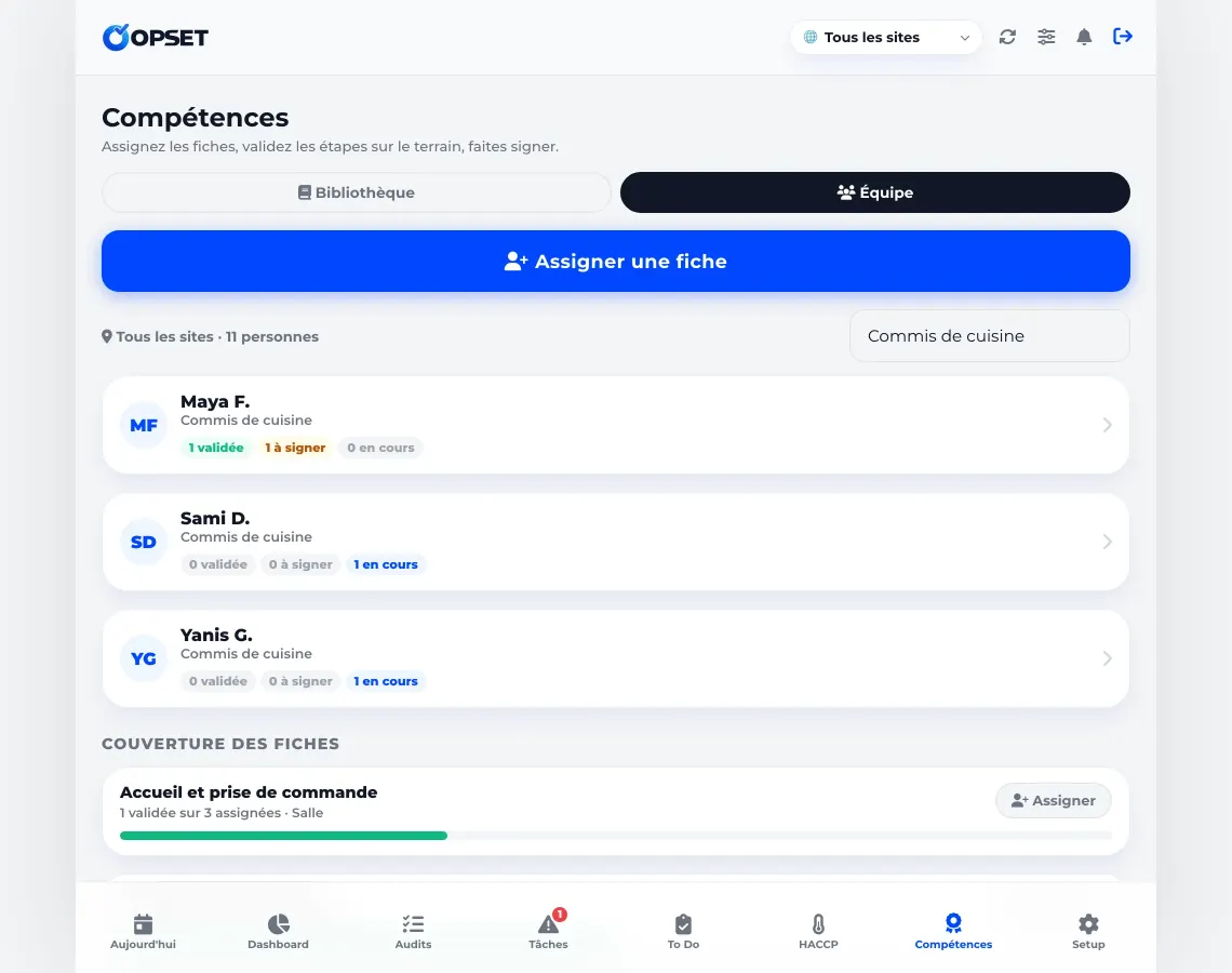 Écran Compétences d'OPSET : collaborateurs, postes et fiches assignées