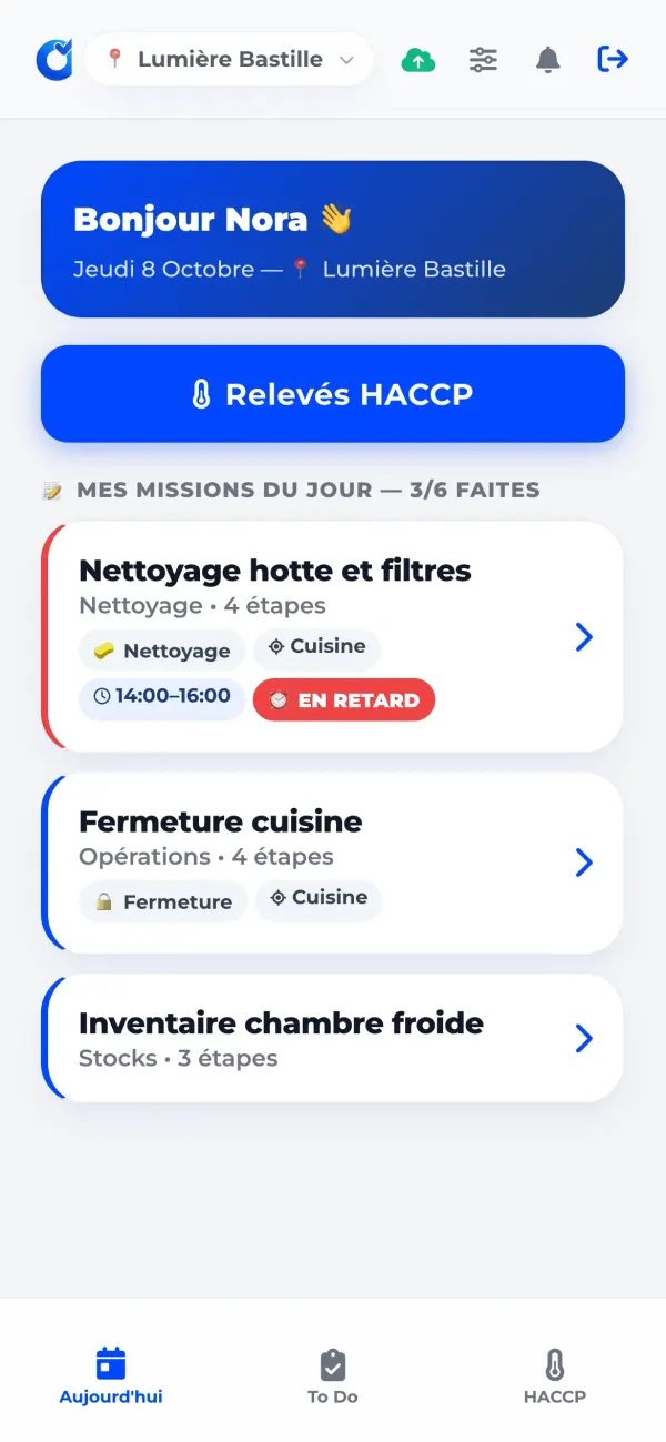 Écran OPSET Aujourd'hui : missions du jour avec créneaux horaires et une mission signalée en retard