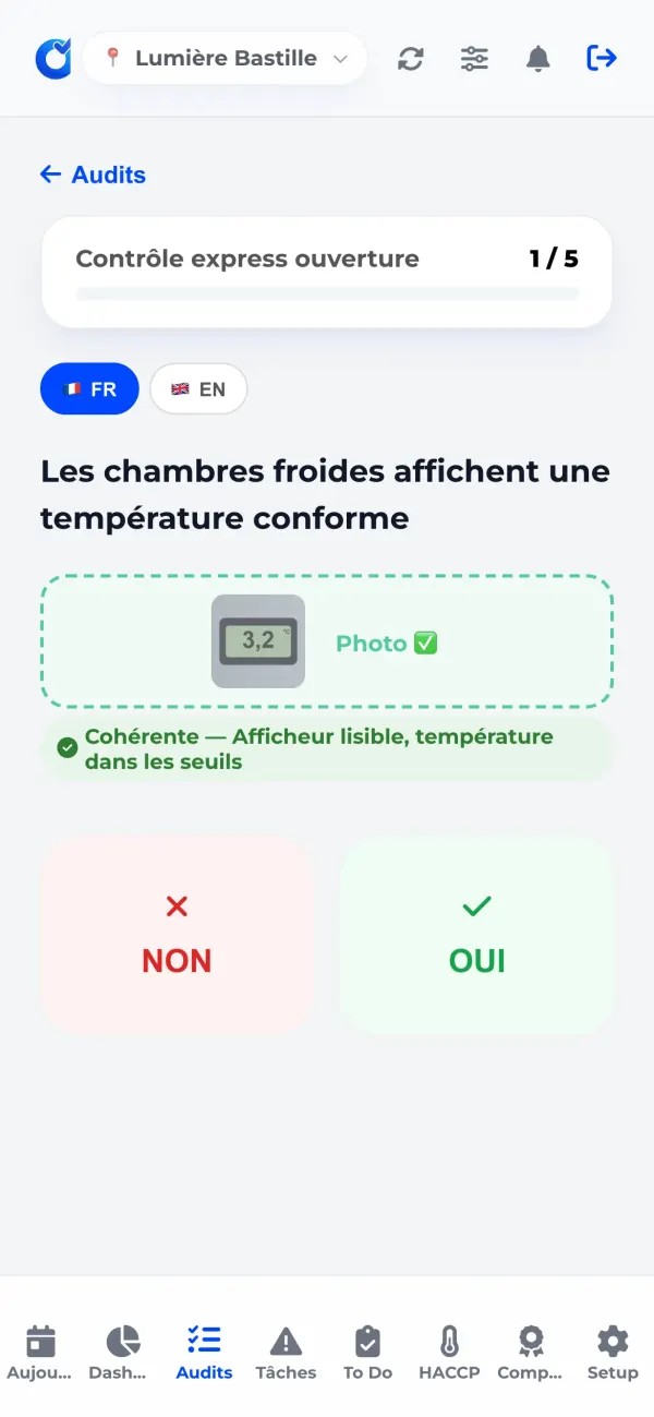 Écran OPSET d'un audit en cours : question sur la température des chambres froides, photo vérifiée, réponses oui ou non