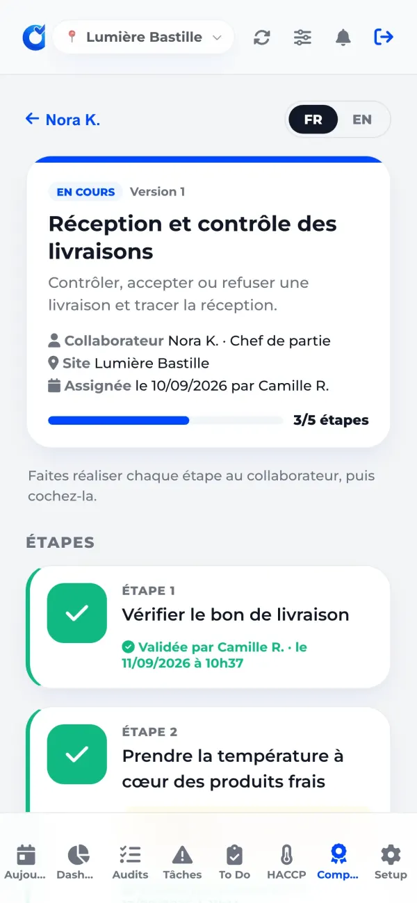 Écran OPSET d'une fiche de compétence : réception et contrôle des livraisons, étapes validées par le manager