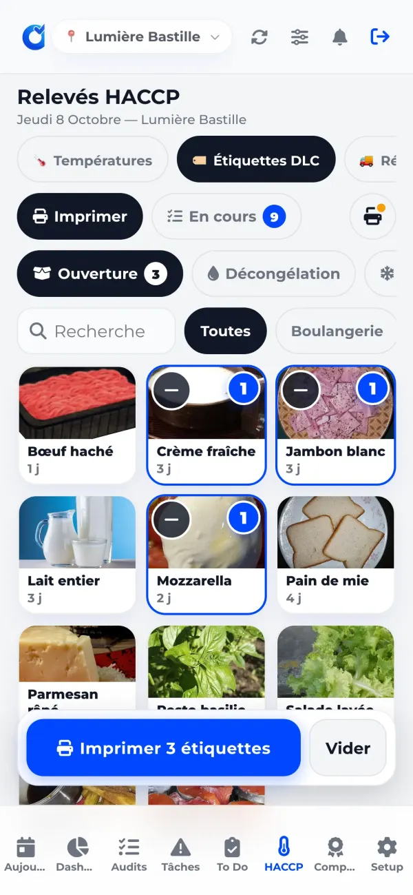 Écran OPSET des étiquettes DLC : photos des produits, durée de conservation et bouton d'impression de 3 étiquettes