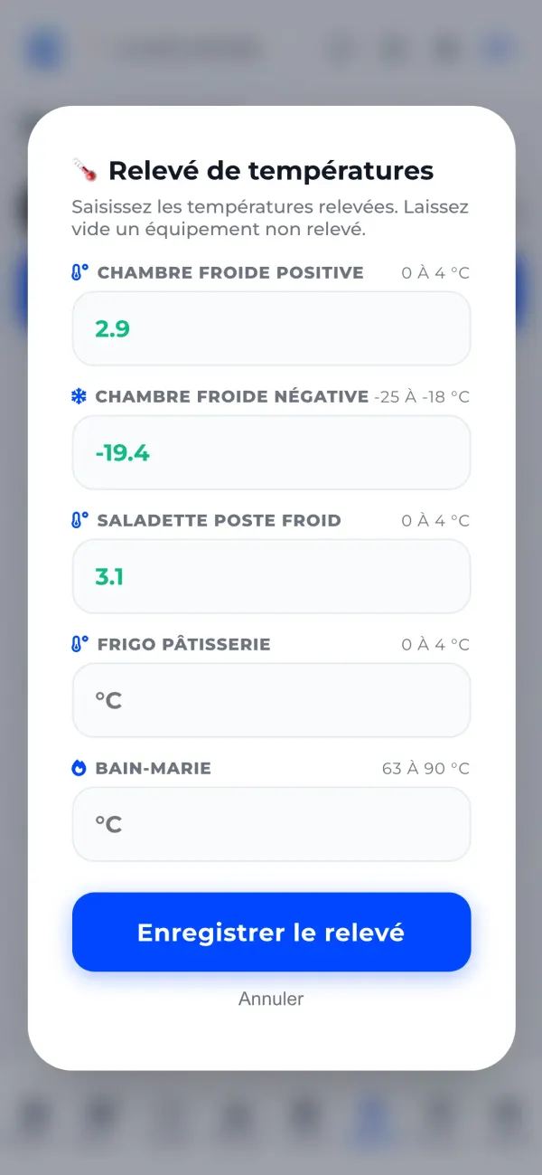 Écran OPSET de relevé de températures : chambres froides, saladette, frigo pâtisserie et bain-marie avec leurs seuils